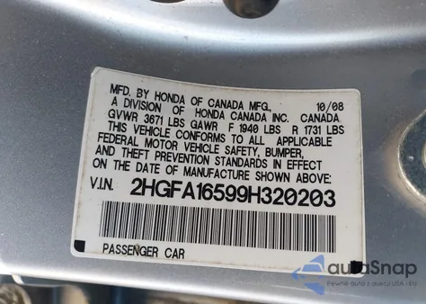 2009 Honda Civic Lx z USA, uszkodzony, nr VIN 2HGFA16599H320203